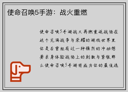 使命召唤5手游：战火重燃